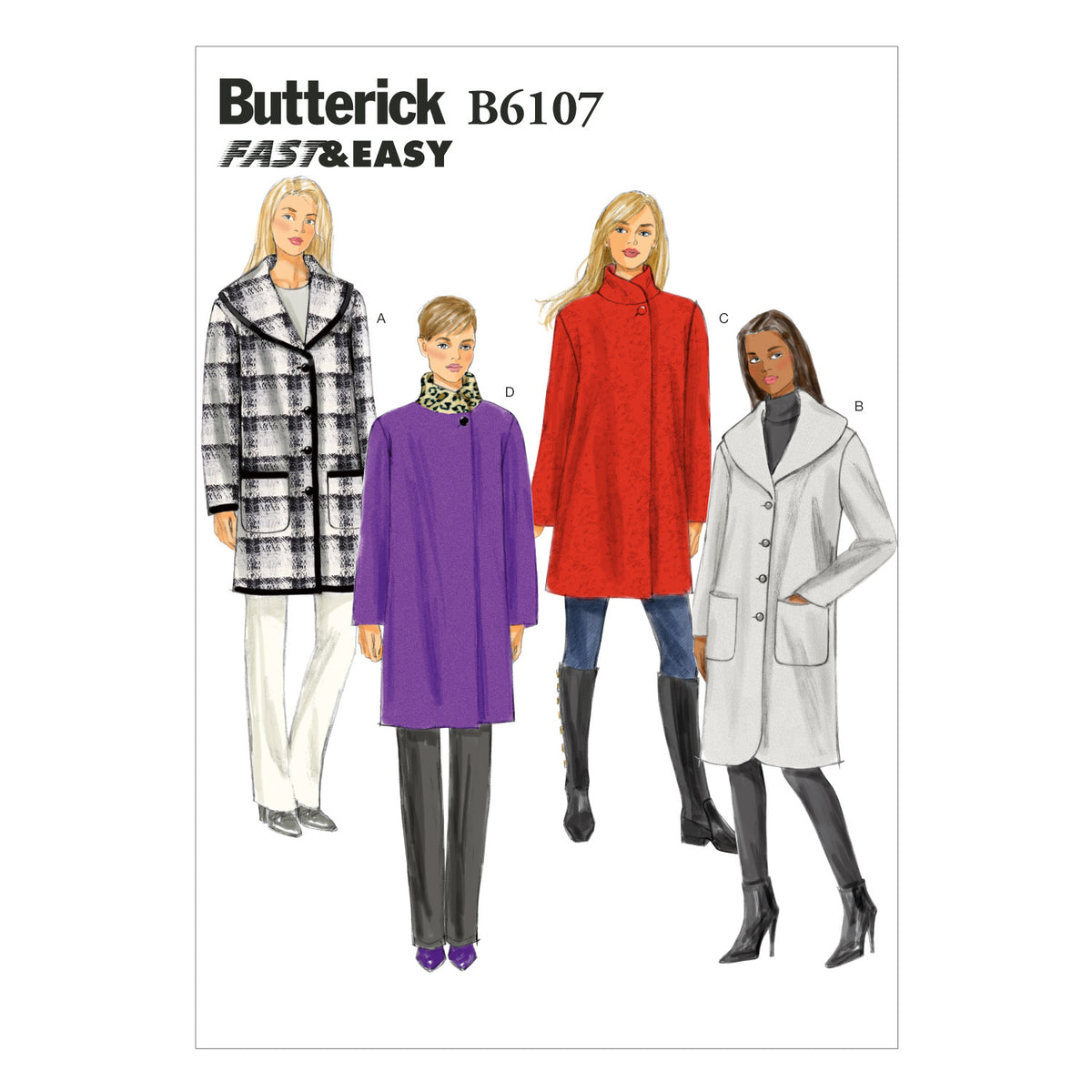 Butterick B6107 sewing pattern envelope showing unlined coat designs