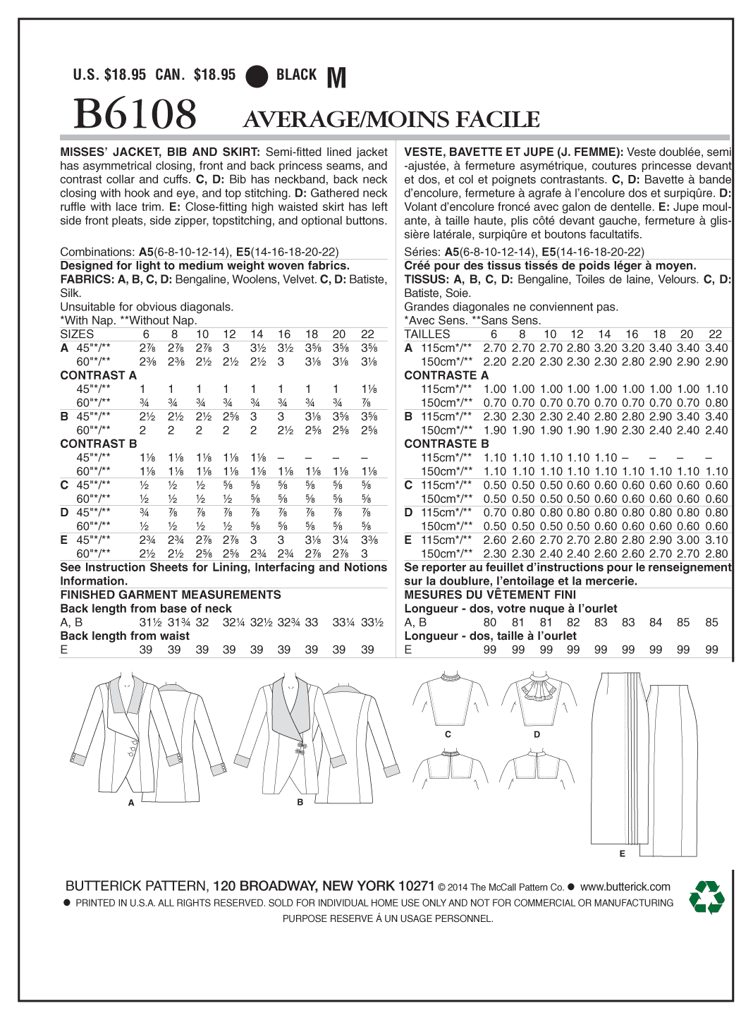 Butterick B6108 sewing pattern envelope showing lined jacket designs