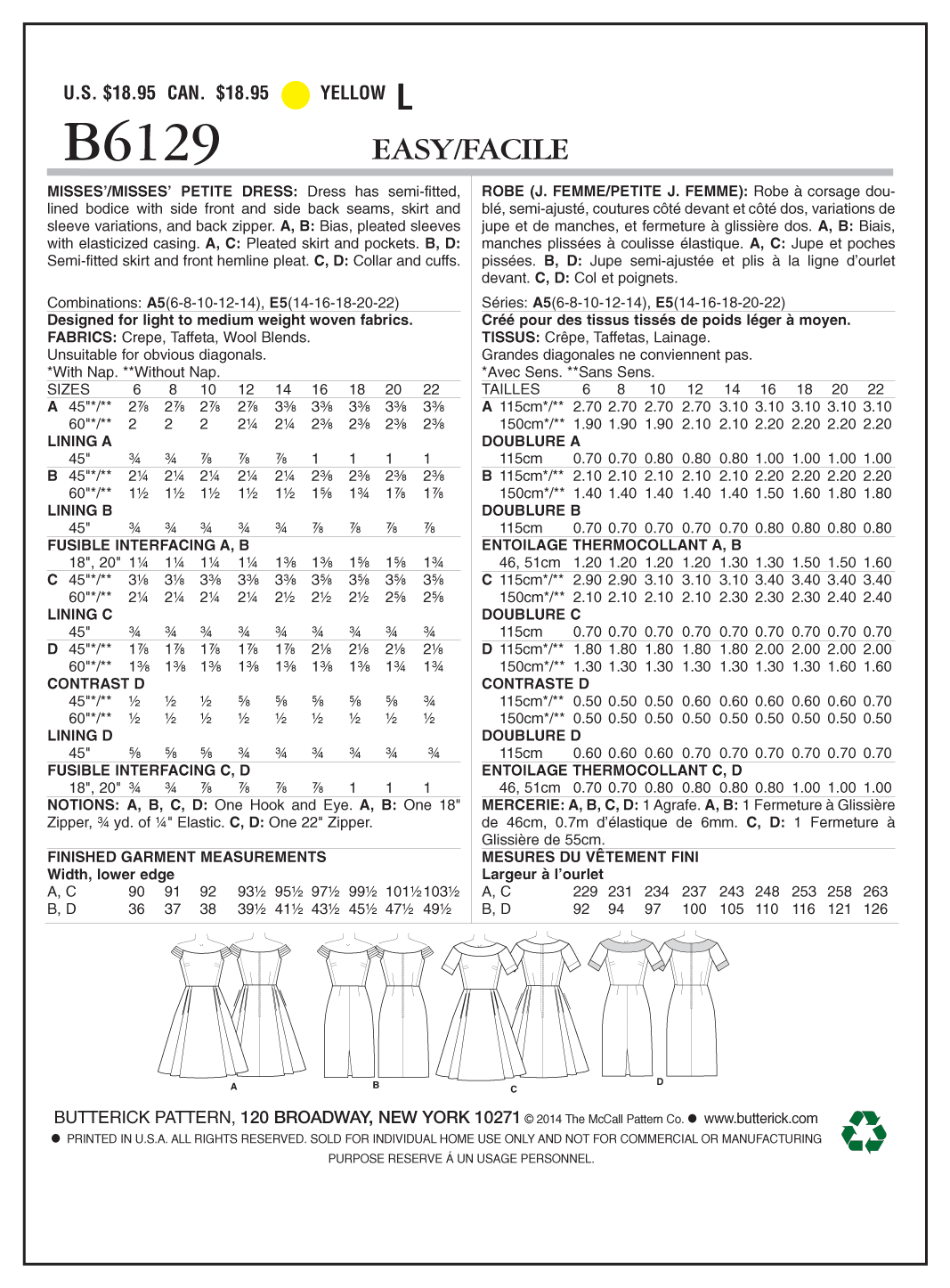 Butterick B6129 sewing pattern envelope showing lined bodice dress designs