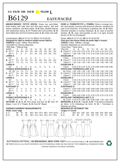 Butterick B6129 sewing pattern envelope showing lined bodice dress designs