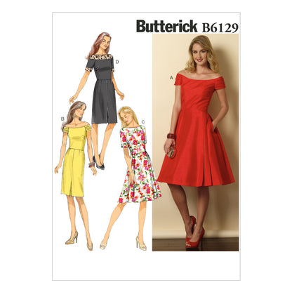 Butterick B6129 sewing pattern envelope showing lined bodice dress designs