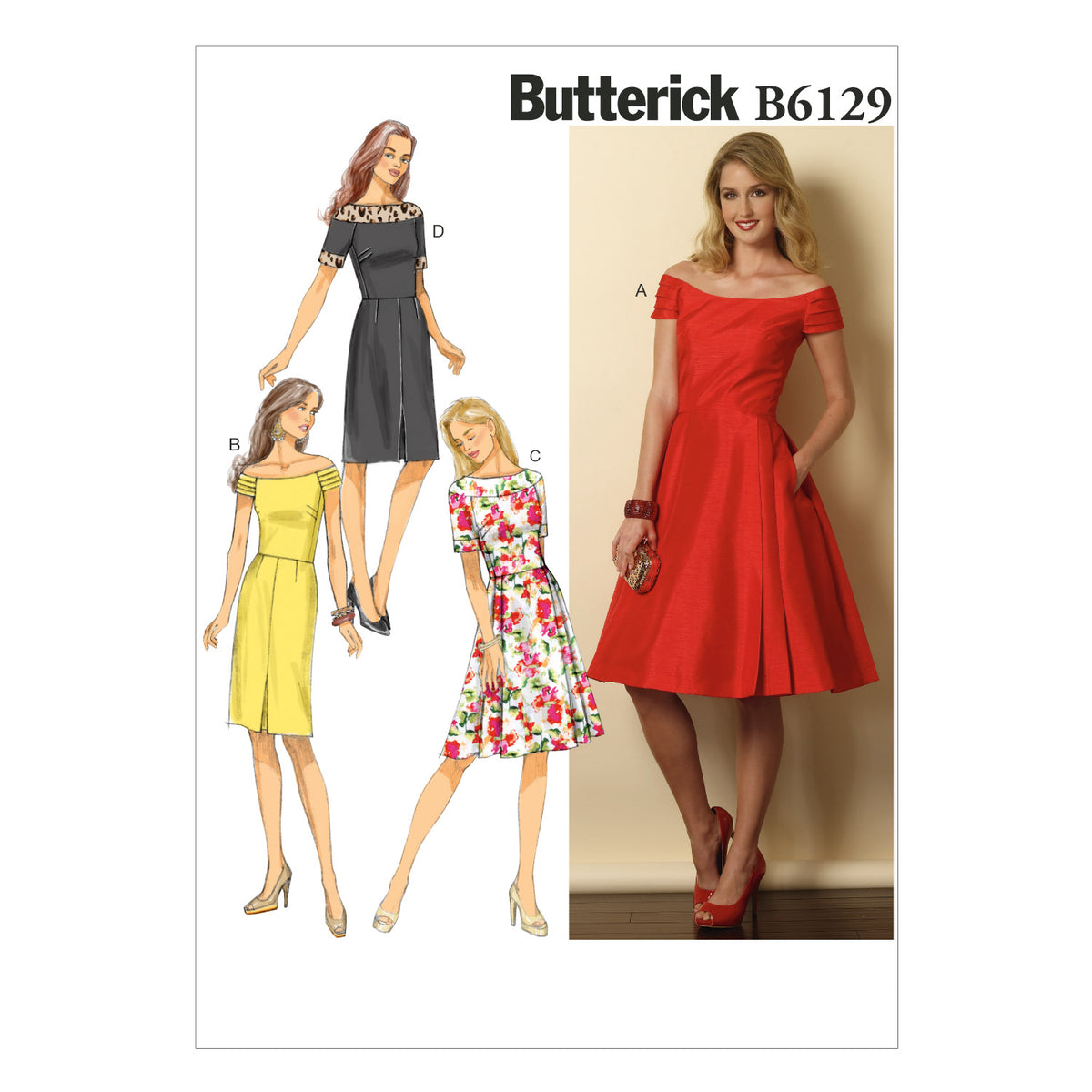 Butterick B6129 sewing pattern envelope showing lined bodice dress designs