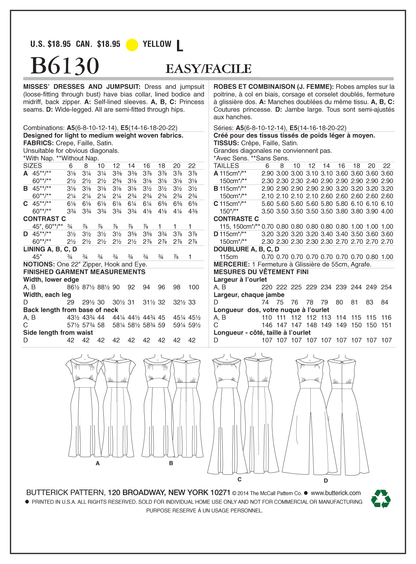 Butterick B6130 sewing pattern envelope showing dress and jumpsuit designs