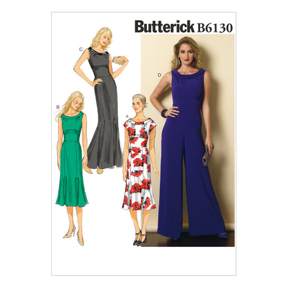 Butterick B6130 sewing pattern envelope showing dress and jumpsuit designs