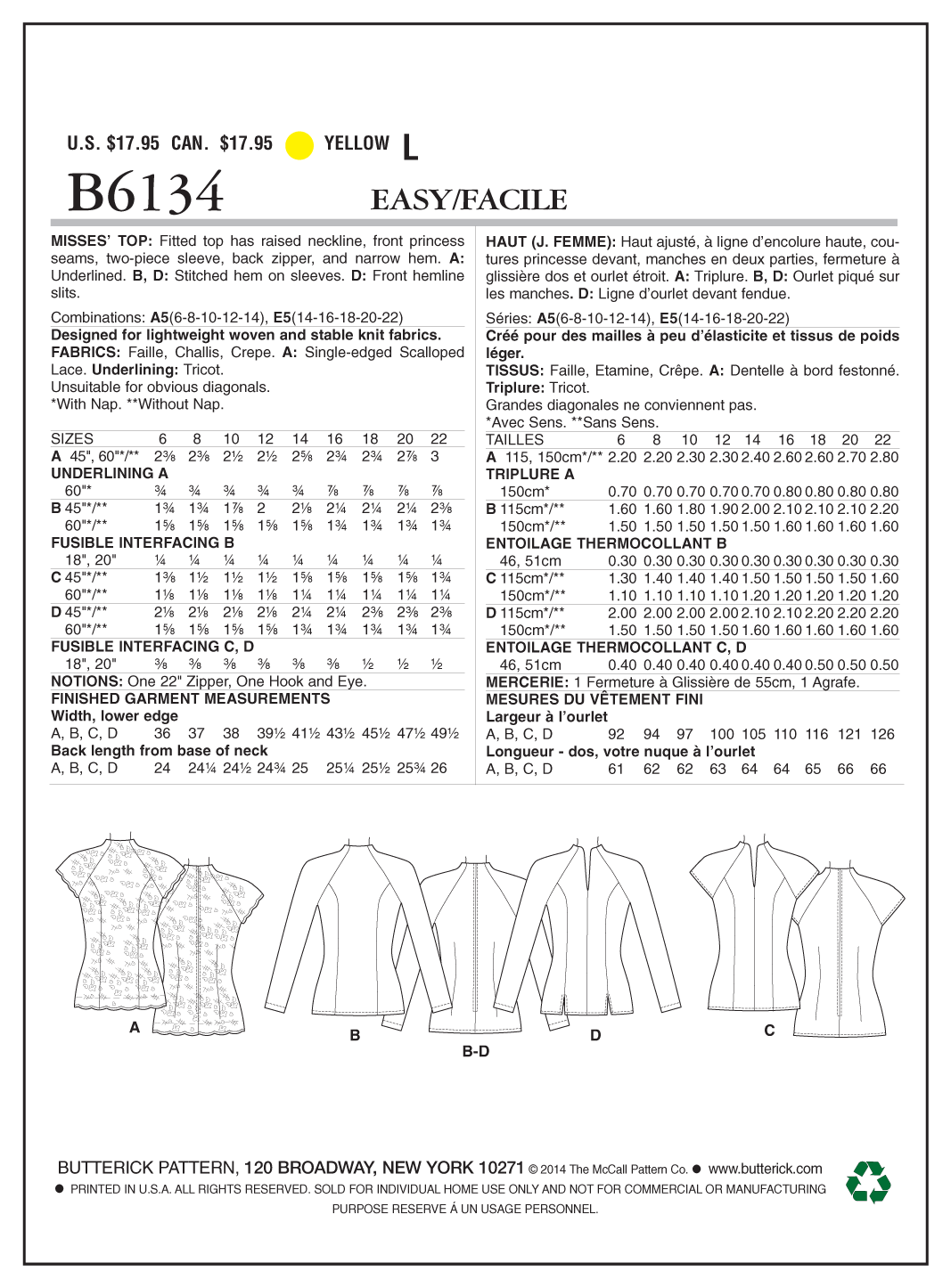 Butterick B6134 sewing pattern envelope showing fitted top designs
