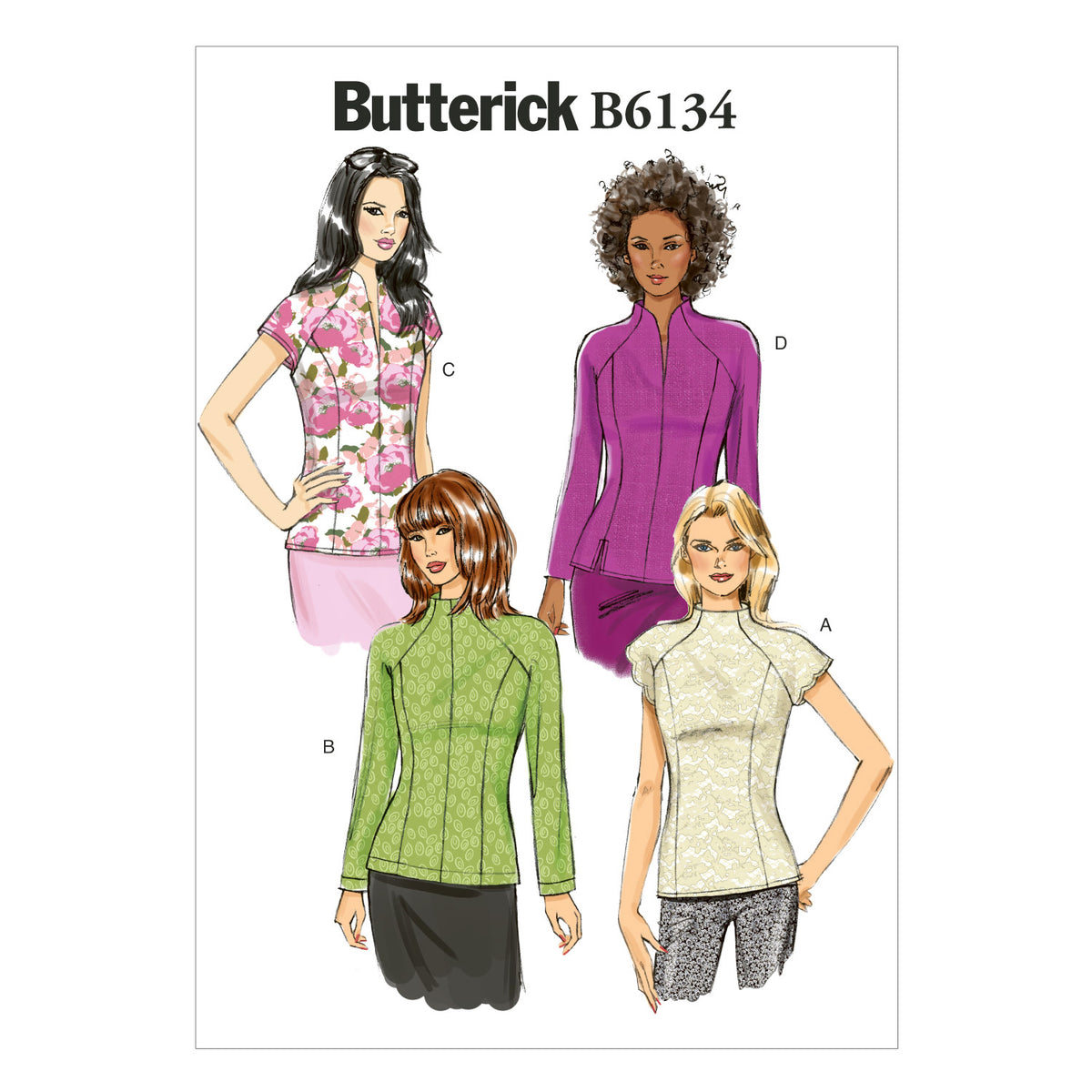 Butterick B6134 sewing pattern envelope showing fitted top designs