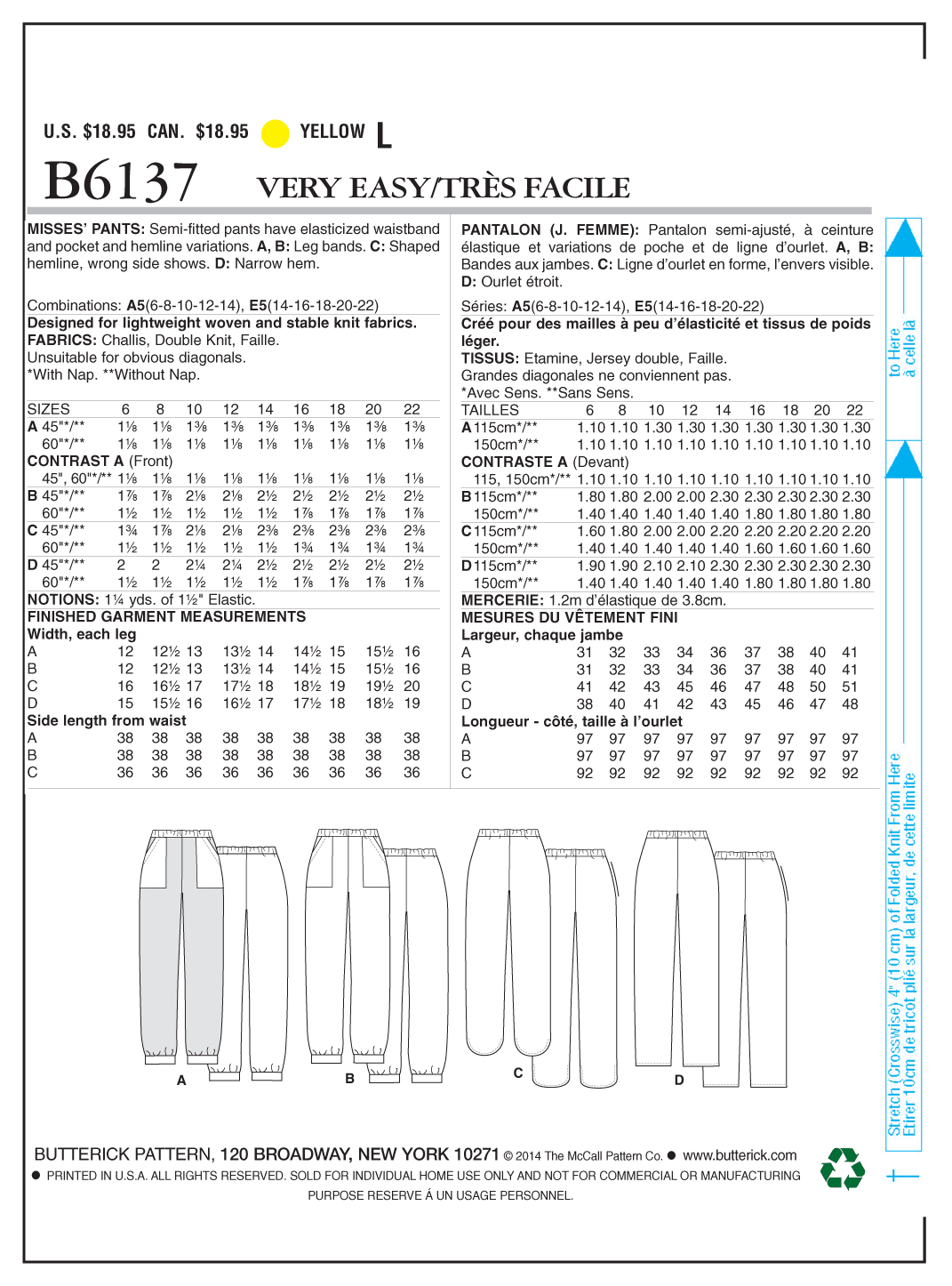 Butterick B6137 sewing pattern envelope showing trousers designs