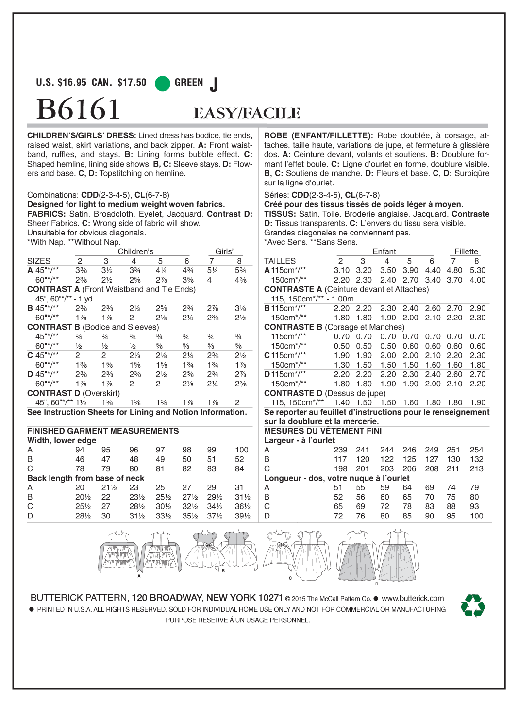 Butterick B6161 sewing pattern envelope showing lined dress designs