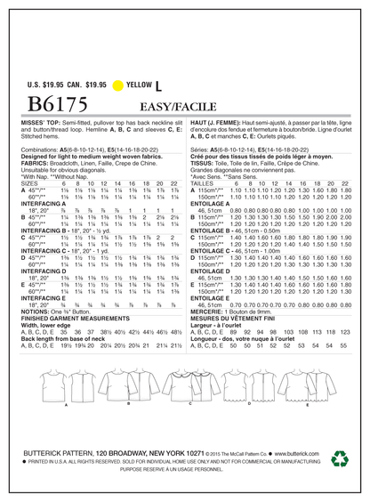 Butterick B6175 sewing pattern envelope showing pullover top designs