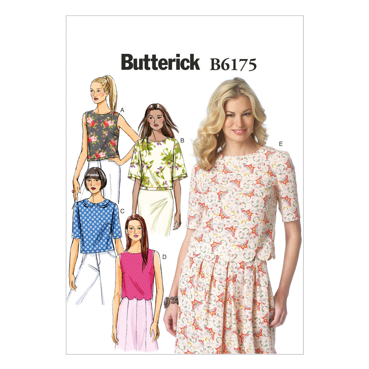 Butterick B6175 sewing pattern envelope showing pullover top designs