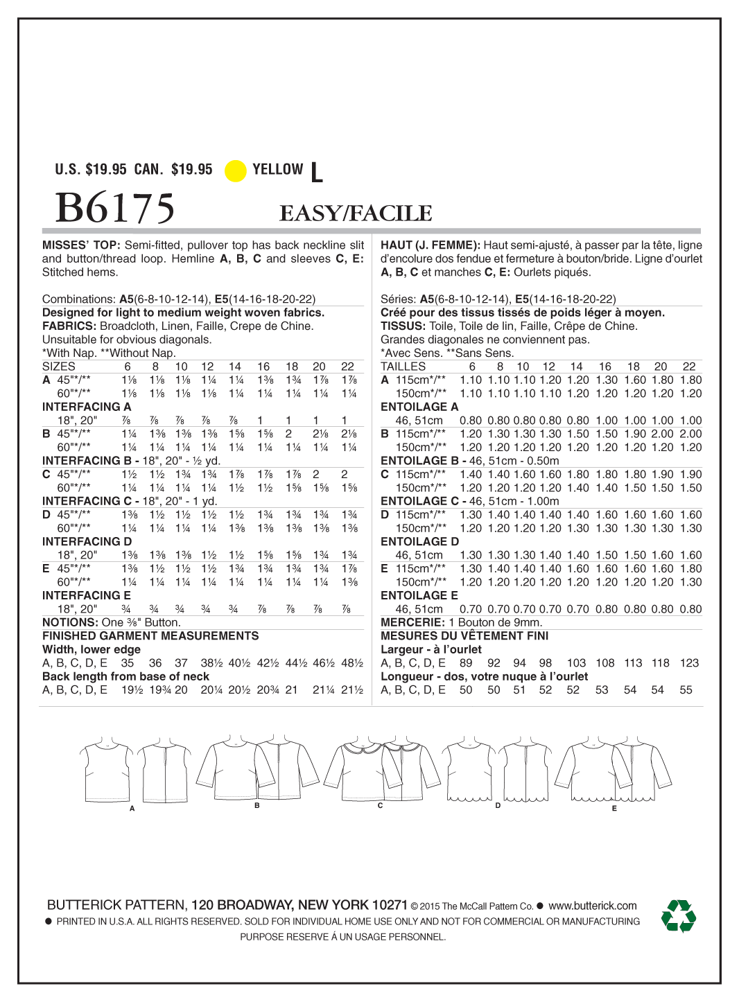 Butterick B6175 sewing pattern envelope showing pullover top designs