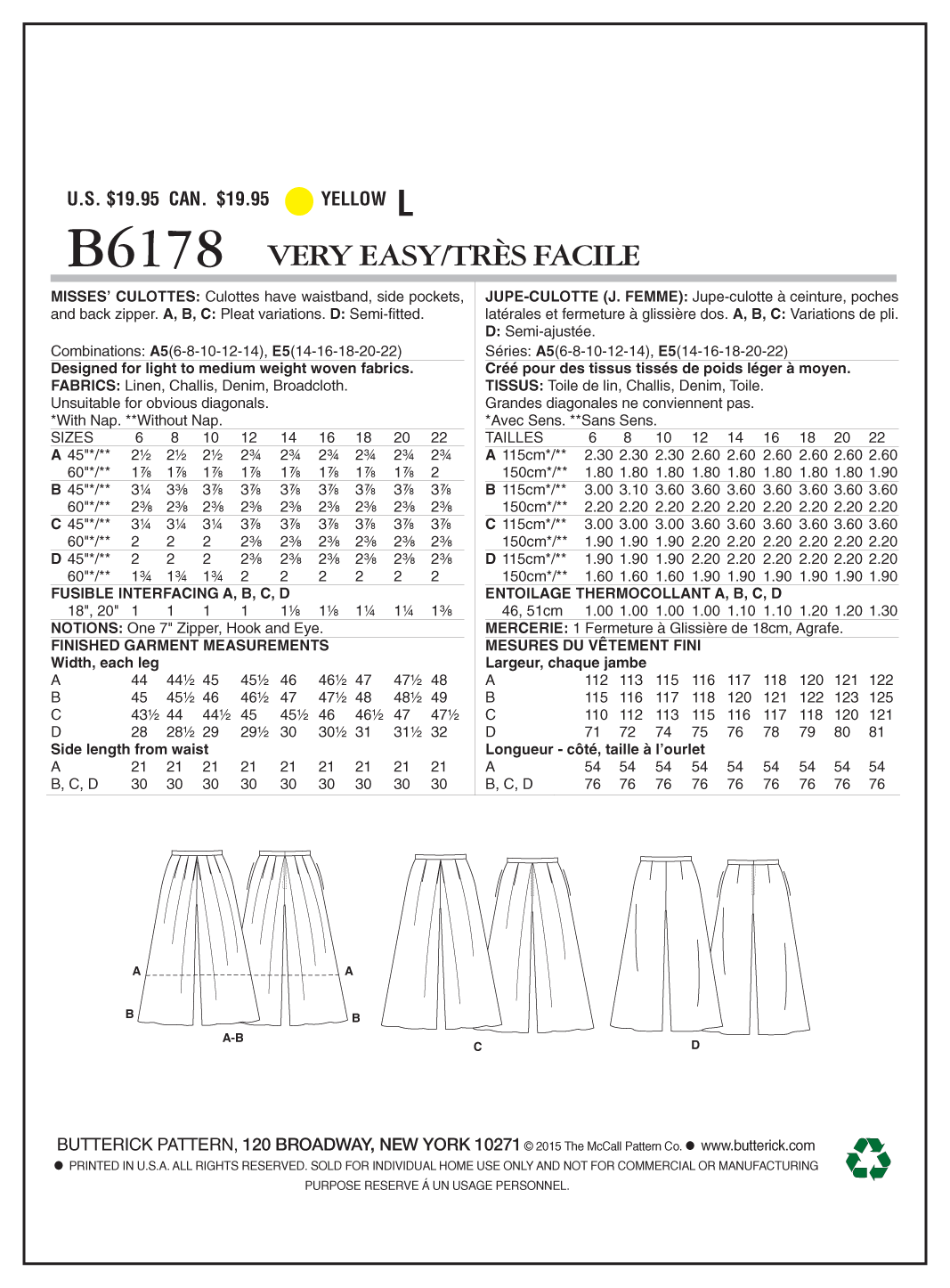 Butterick B6178 sewing pattern envelope showing culottes designs
