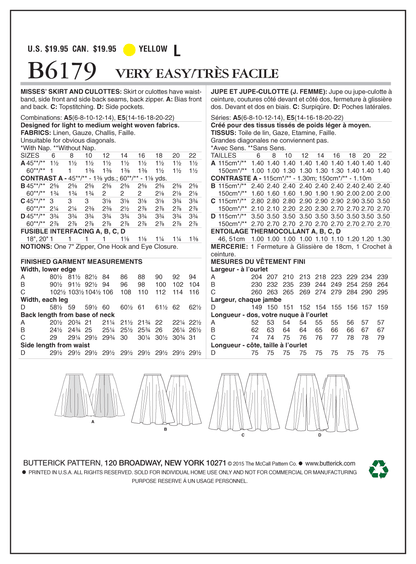 Butterick B6179 sewing pattern envelope showing skirt and culottes designs