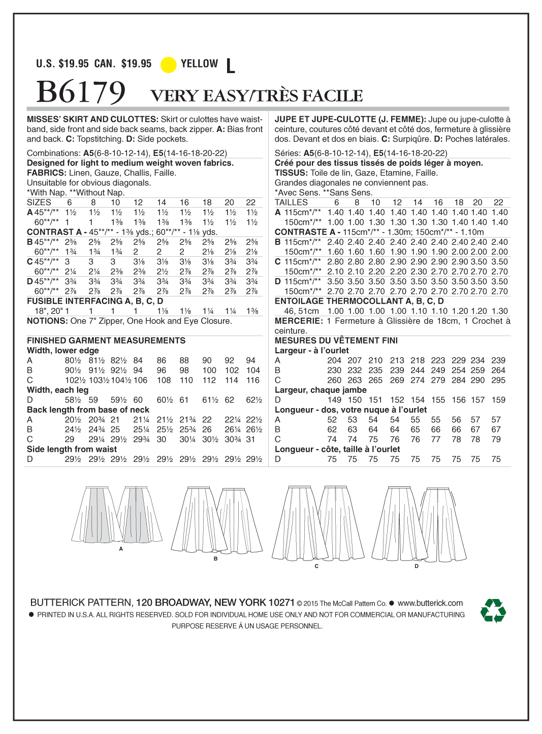 Butterick B6179 sewing pattern envelope showing skirt and culottes designs