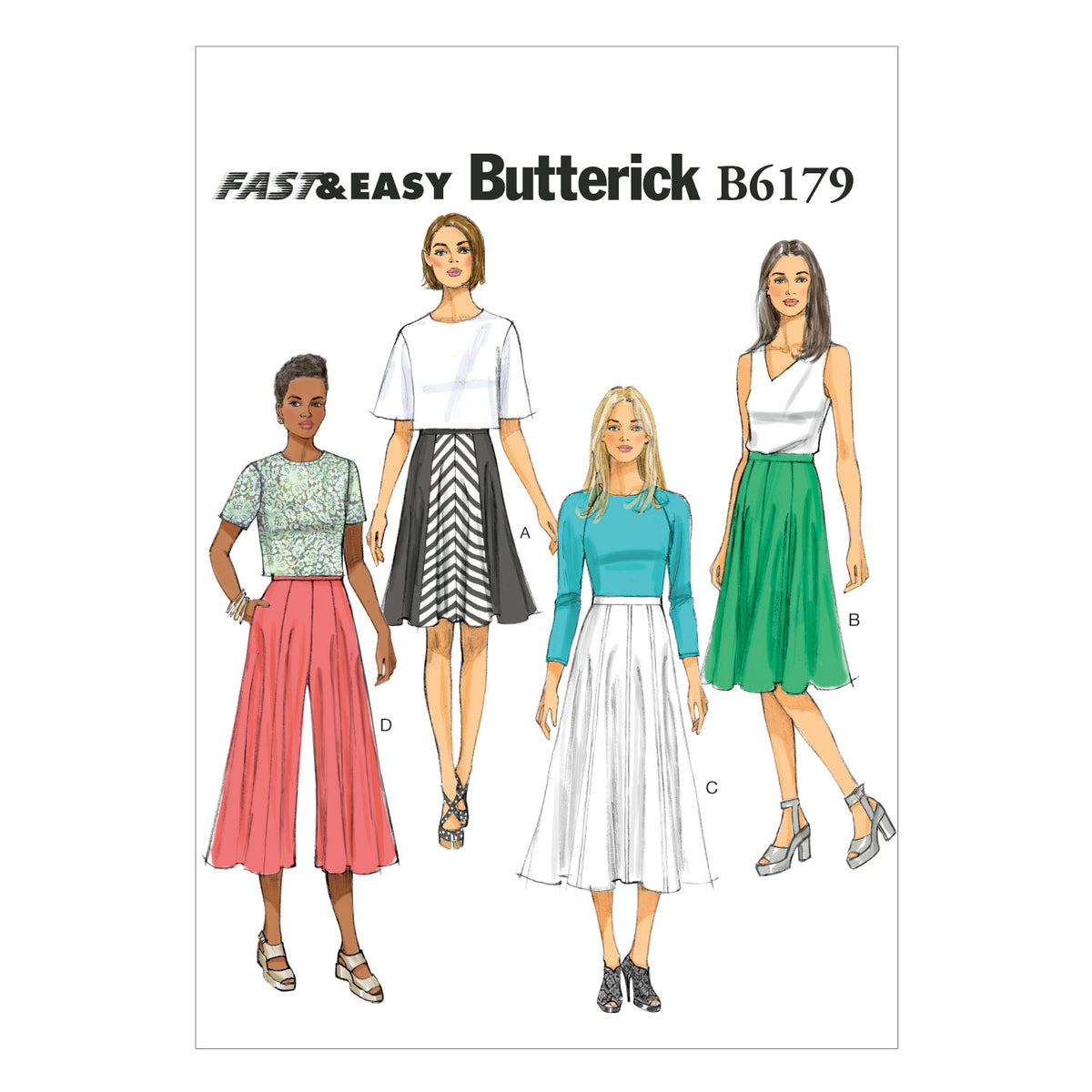 Butterick B6179 sewing pattern envelope showing skirt and culottes designs