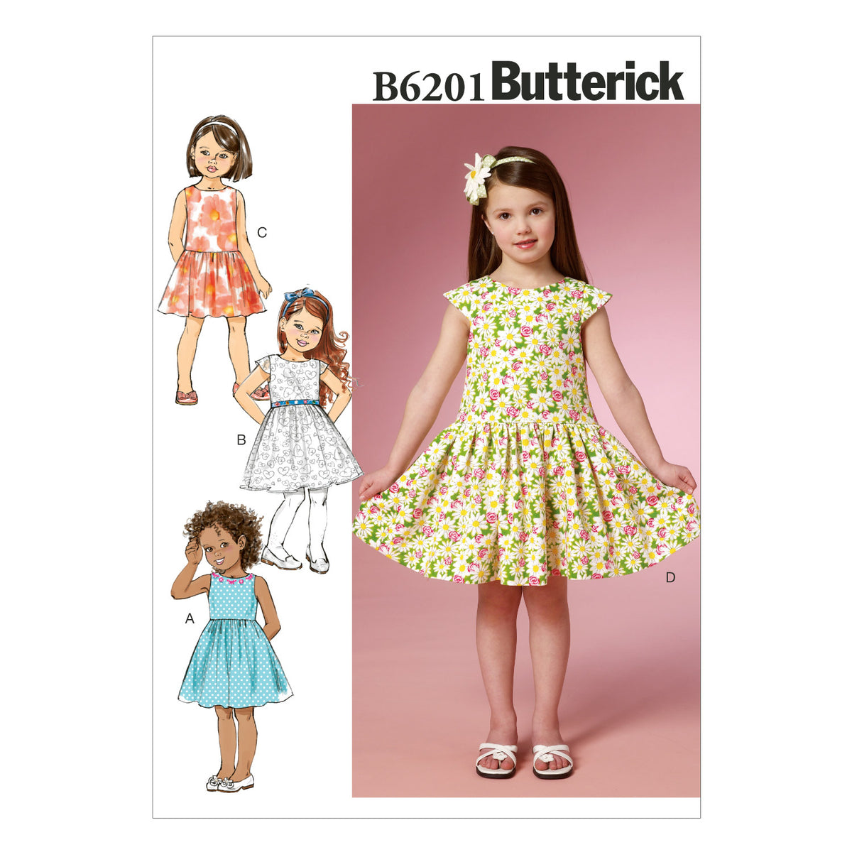 Butterick B6201 sewing pattern envelope showing girls' dress designs