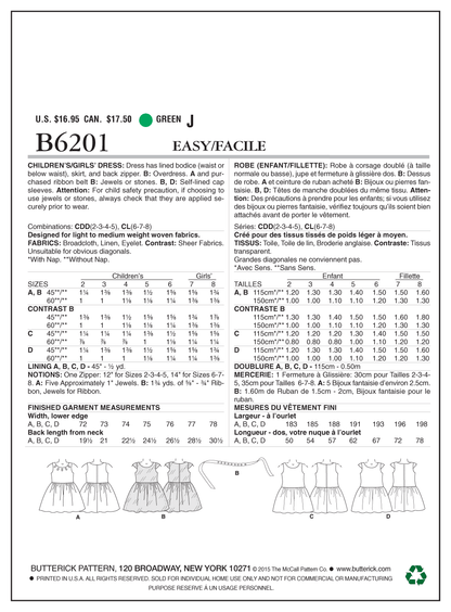 Butterick B6201 sewing pattern envelope showing girls' dress designs