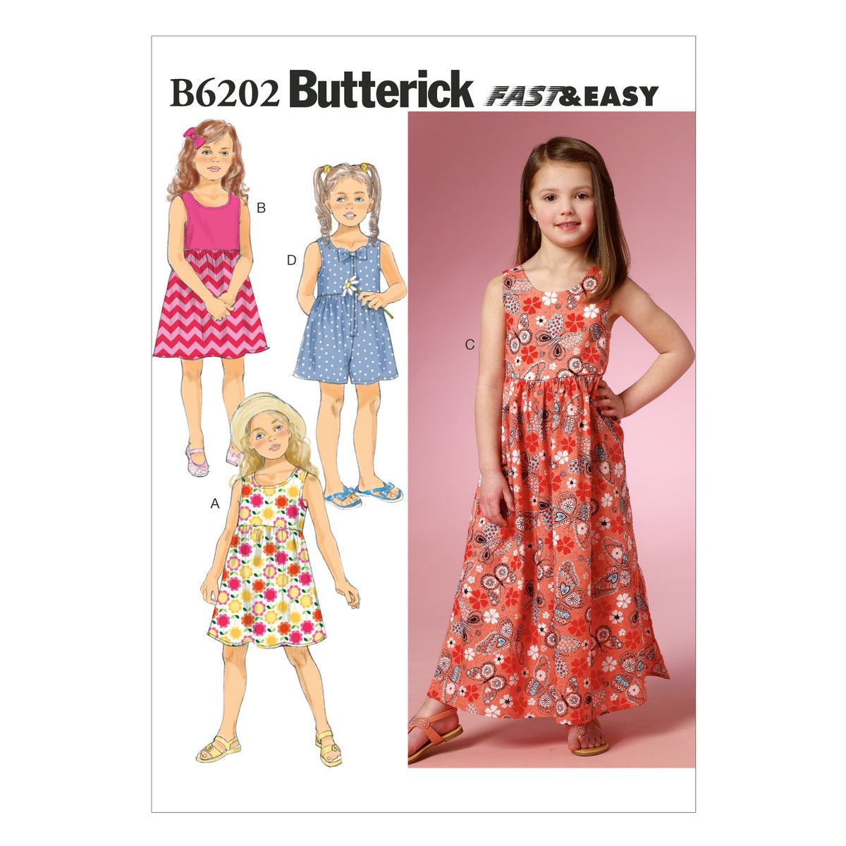 Butterick B6202 sewing pattern envelope showing girls' dress and culottes designs