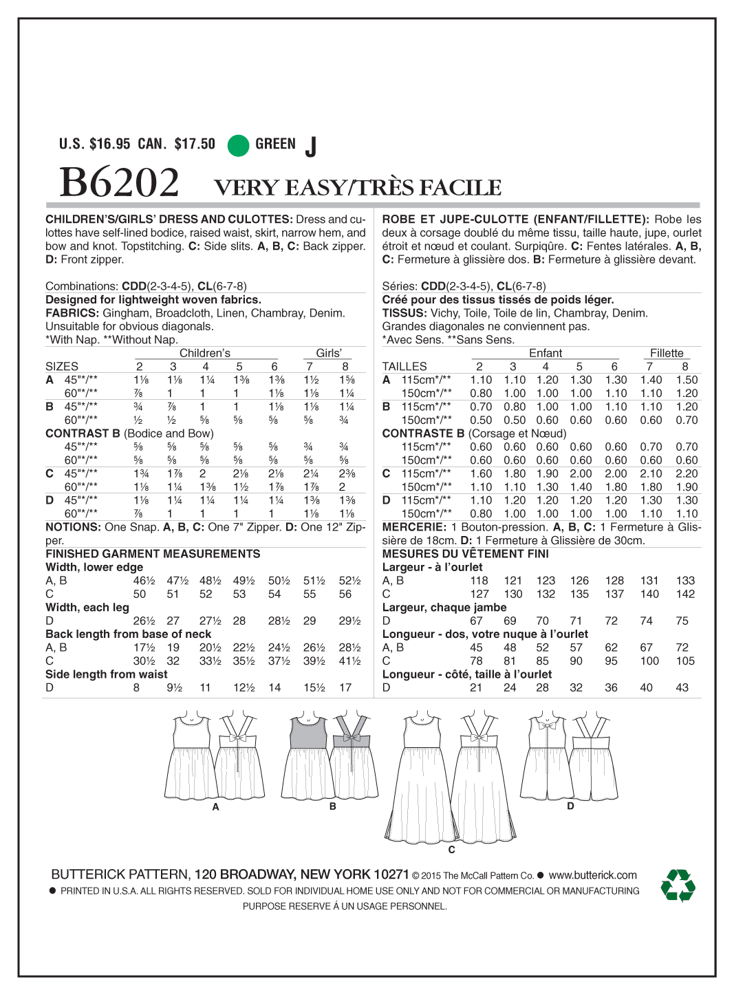 Butterick B6202 sewing pattern envelope showing girls' dress and culottes designs