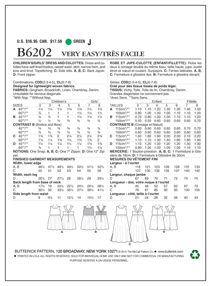 Butterick B6202 sewing pattern envelope showing girls' dress and culottes designs