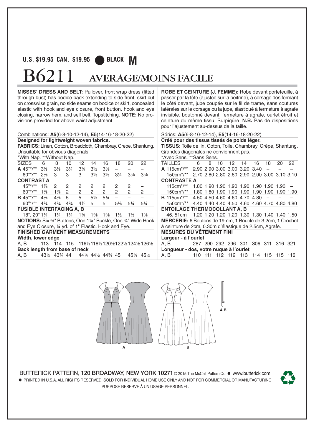 Butterick B6211 sewing pattern envelope showing women's front wrap dress designs