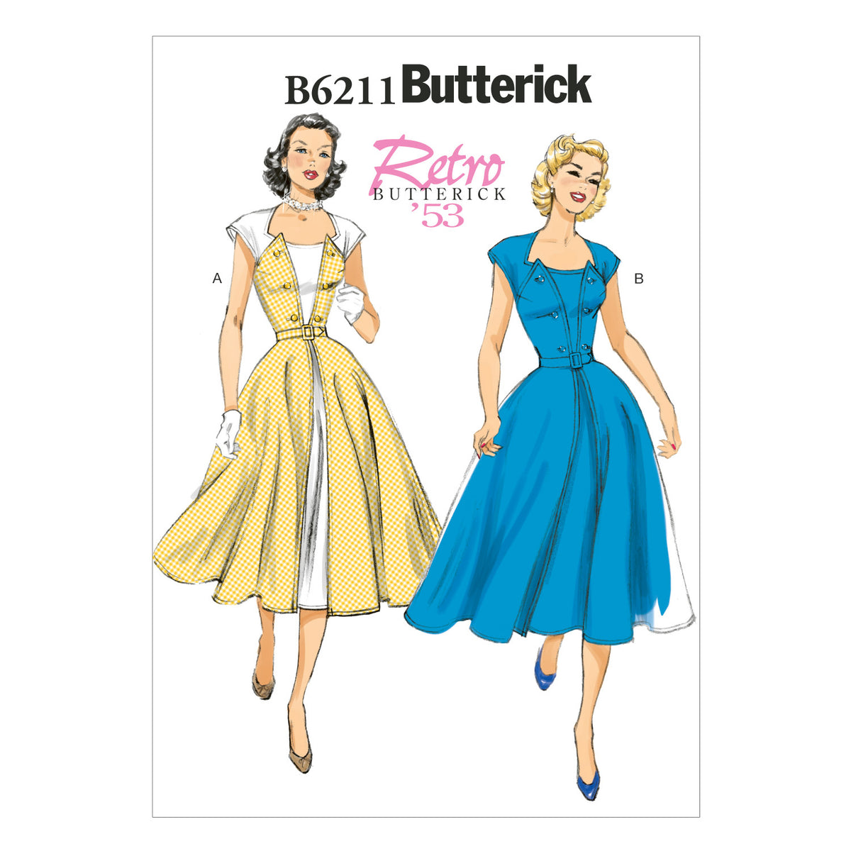 Butterick B6211 sewing pattern envelope showing women's front wrap dress designs