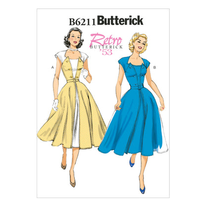 Butterick B6211 sewing pattern envelope showing women's front wrap dress designs