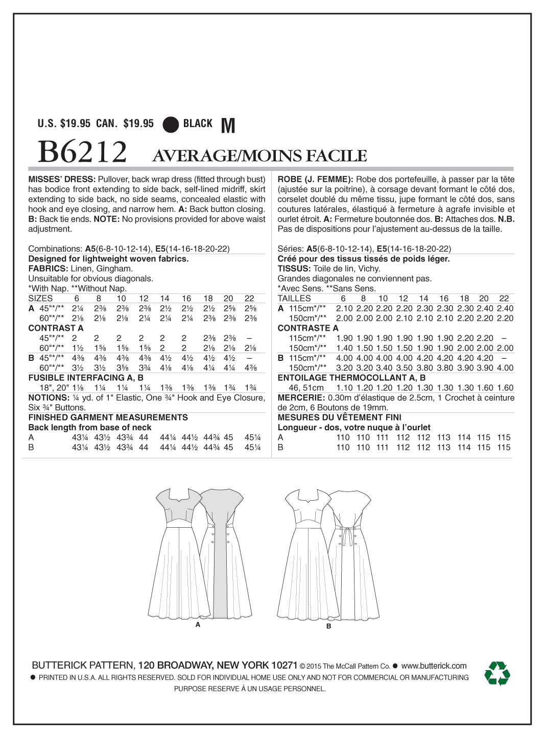 Butterick B6212 sewing pattern envelope showing women's back wrap dress designs