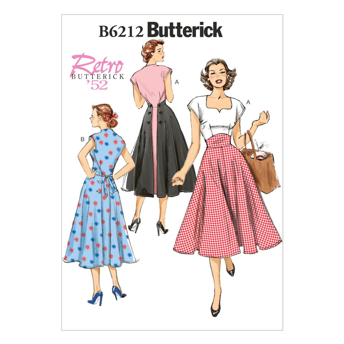 Butterick B6212 sewing pattern envelope showing women's back wrap dress designs