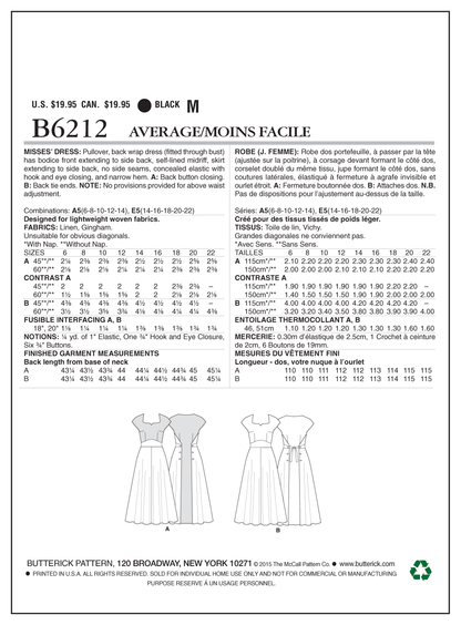 Butterick B6212 sewing pattern envelope showing women's back wrap dress designs