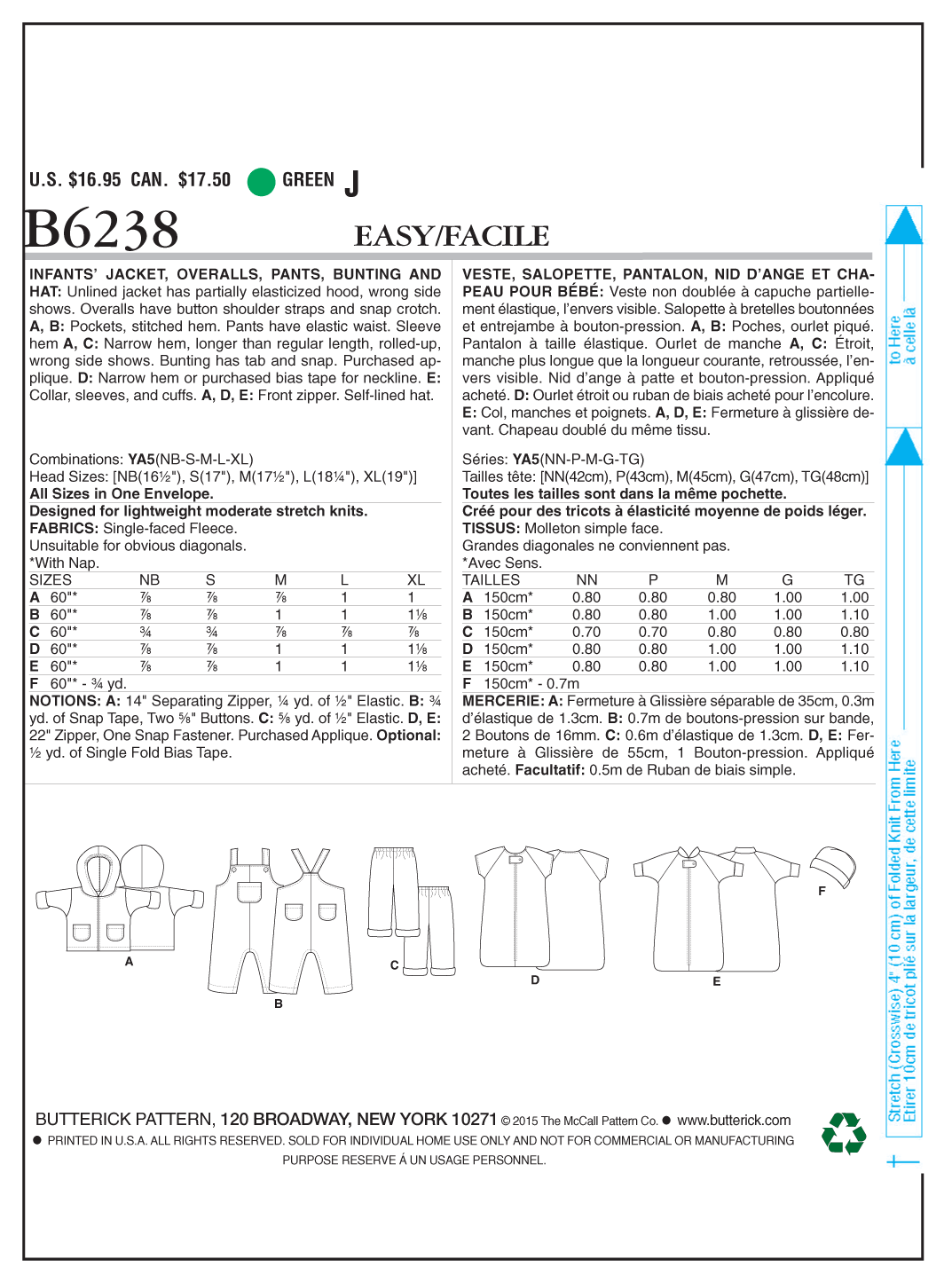 Butterick B6238 sewing pattern envelope showing baby hooded jacket designs