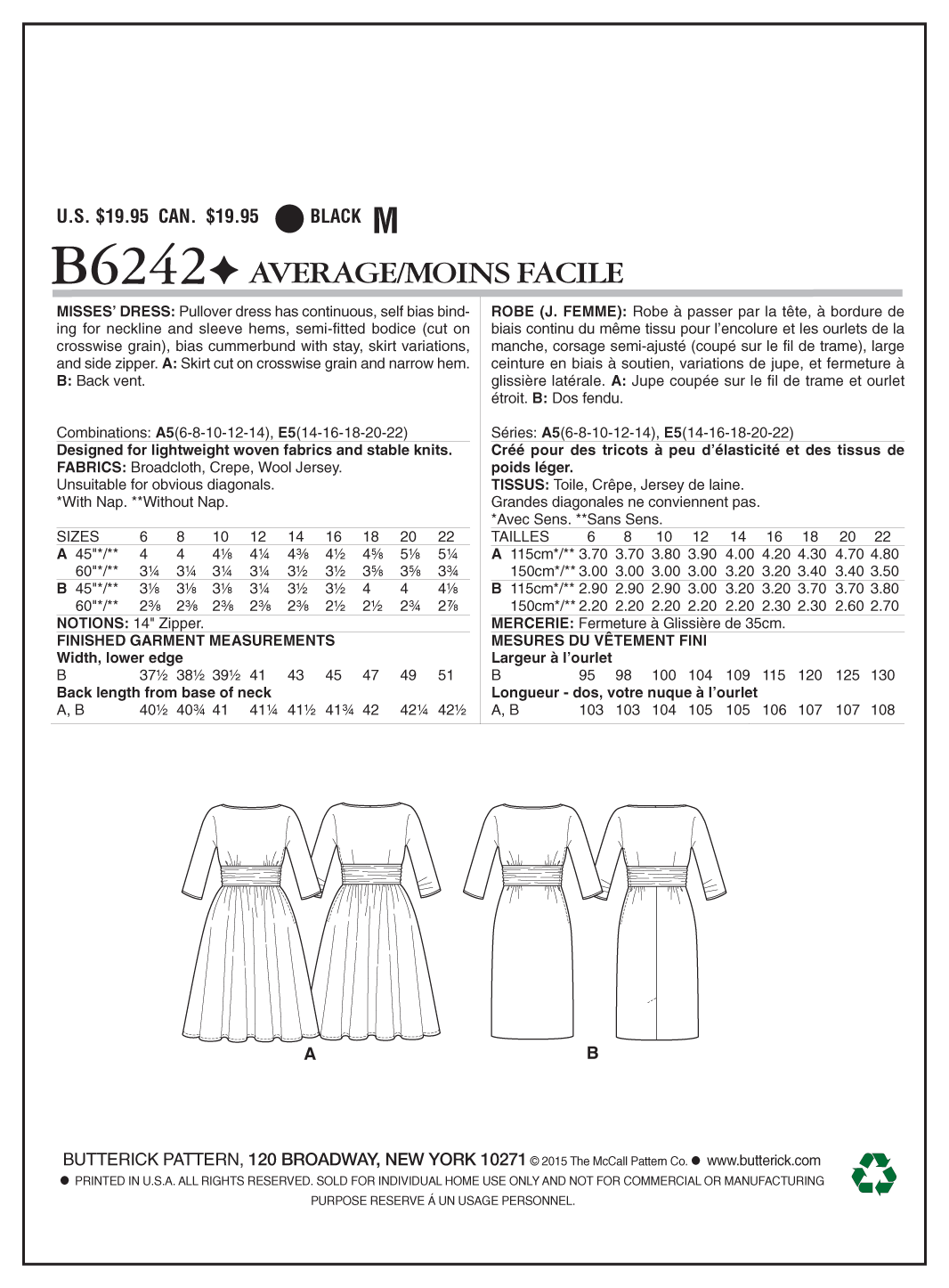 Butterick B6242 sewing pattern envelope showing women's pullover dress designs