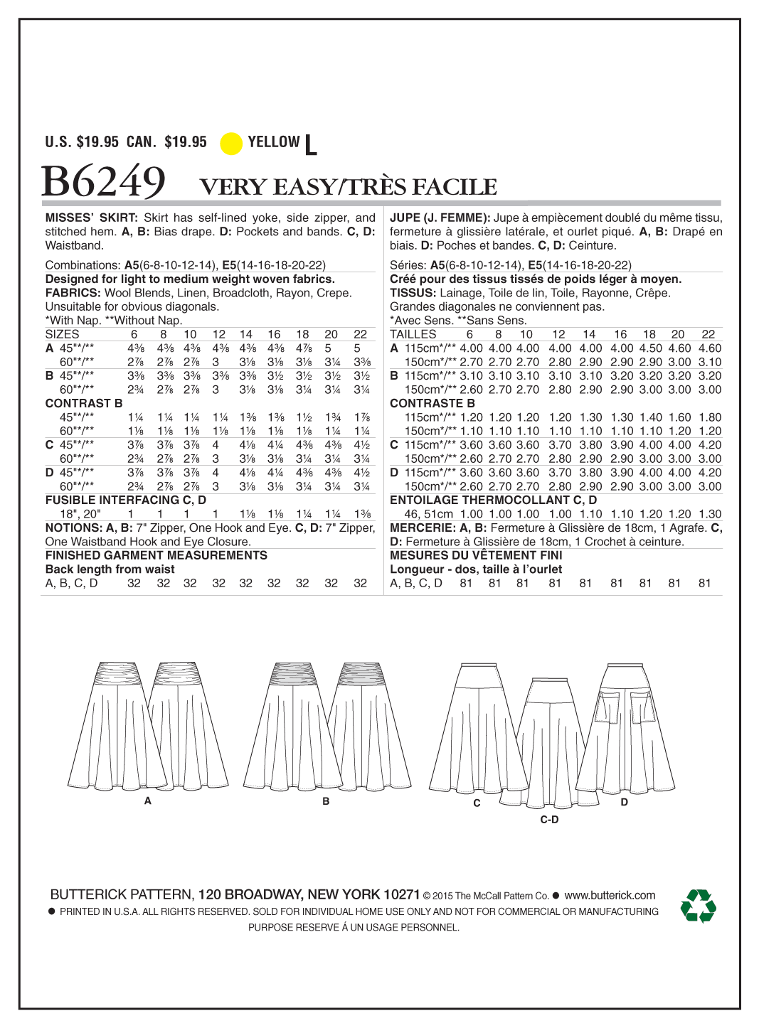 Butterick B6249 sewing pattern envelope showing women's skirt designs