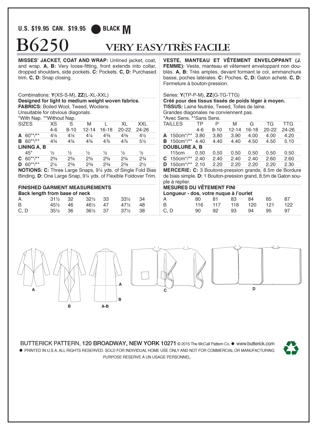 Butterick B6250 sewing pattern envelope showing women's jacket, coat and wrap designs