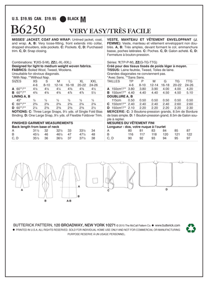 Butterick B6250 sewing pattern envelope showing women's jacket, coat and wrap designs