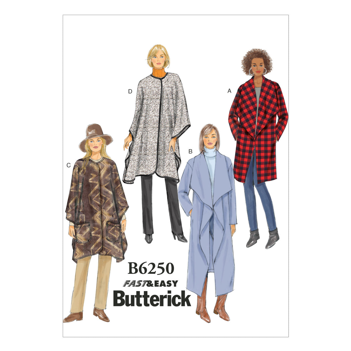 Butterick B6250 sewing pattern envelope showing women's jacket, coat and wrap designs