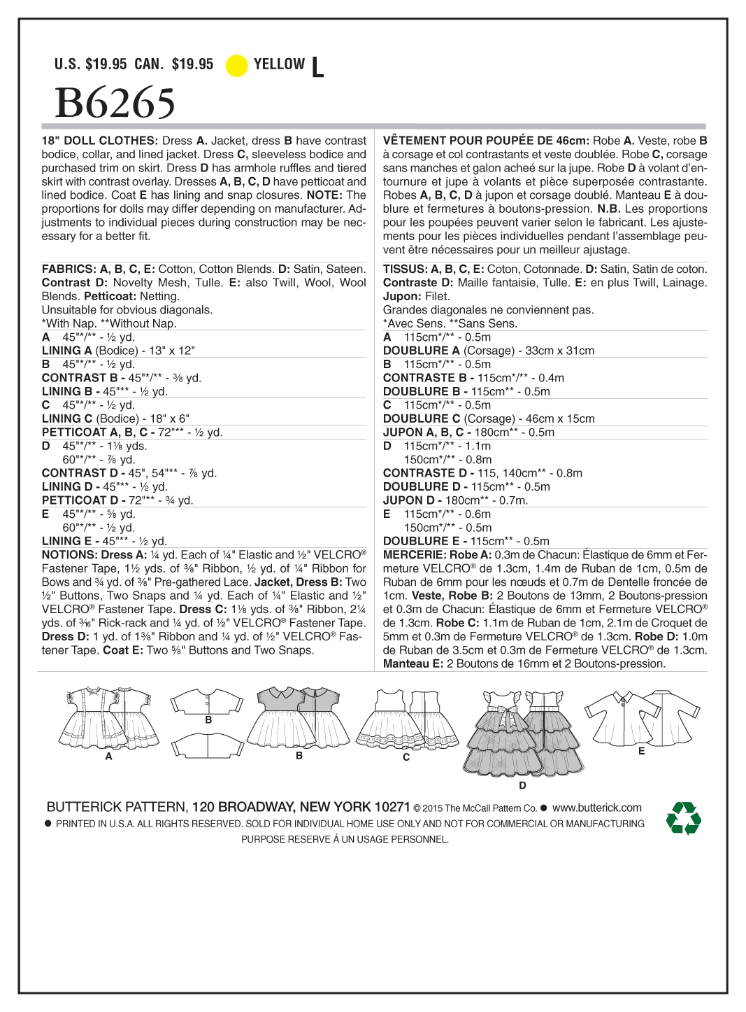 Butterick B6265 sewing pattern envelope showing doll clothes designs