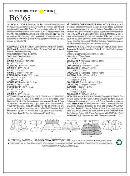 Butterick B6265 sewing pattern envelope showing doll clothes designs