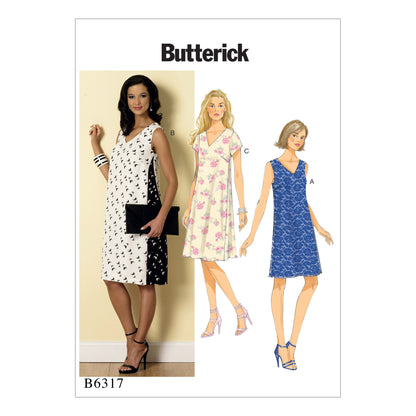 Butterick B6317 sewing pattern envelope showing women's v-neck pullover dress designs
