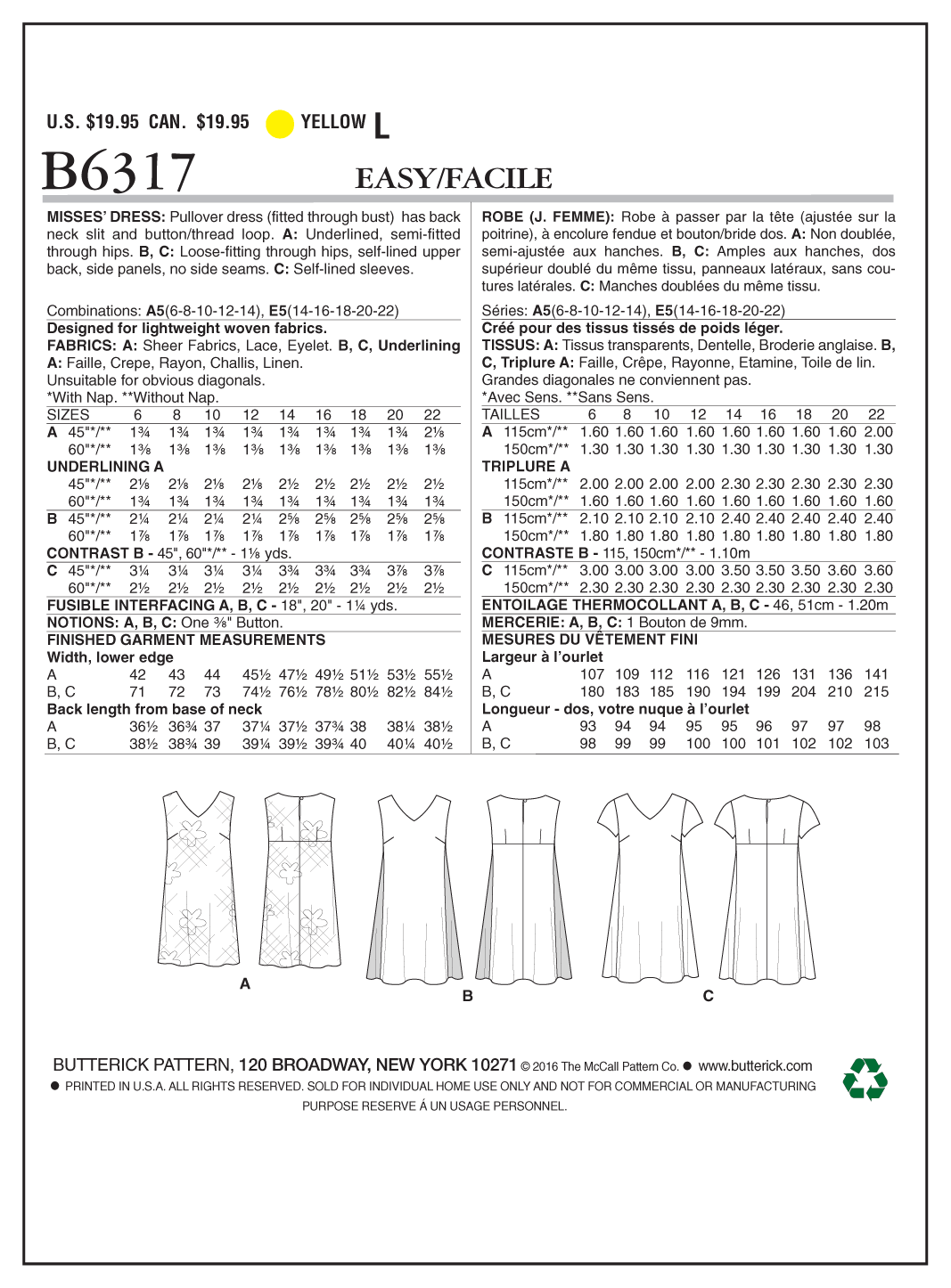 Butterick B6317 sewing pattern envelope showing women's v-neck pullover dress designs