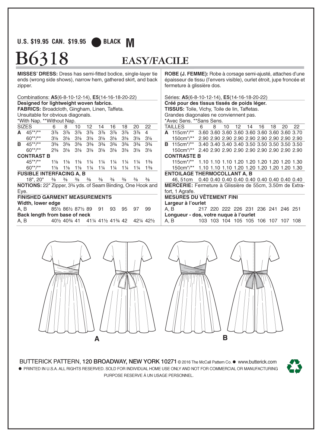 Butterick B6318 sewing pattern envelope showing women's dress with tie ends designs