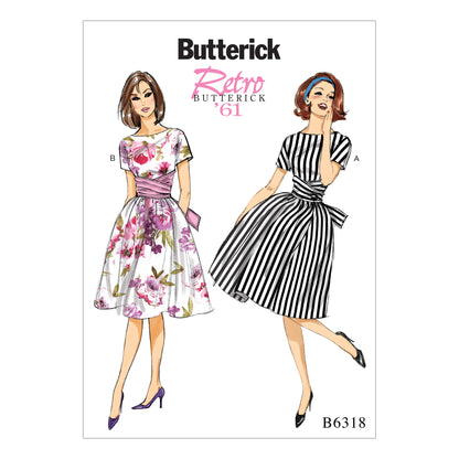 Butterick B6318 sewing pattern envelope showing women's dress with tie ends designs