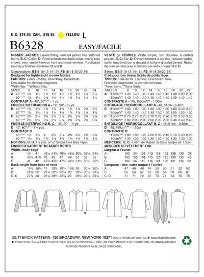Butterick B6328 sewing pattern envelope showing women's open front jacket and waistcoat designs