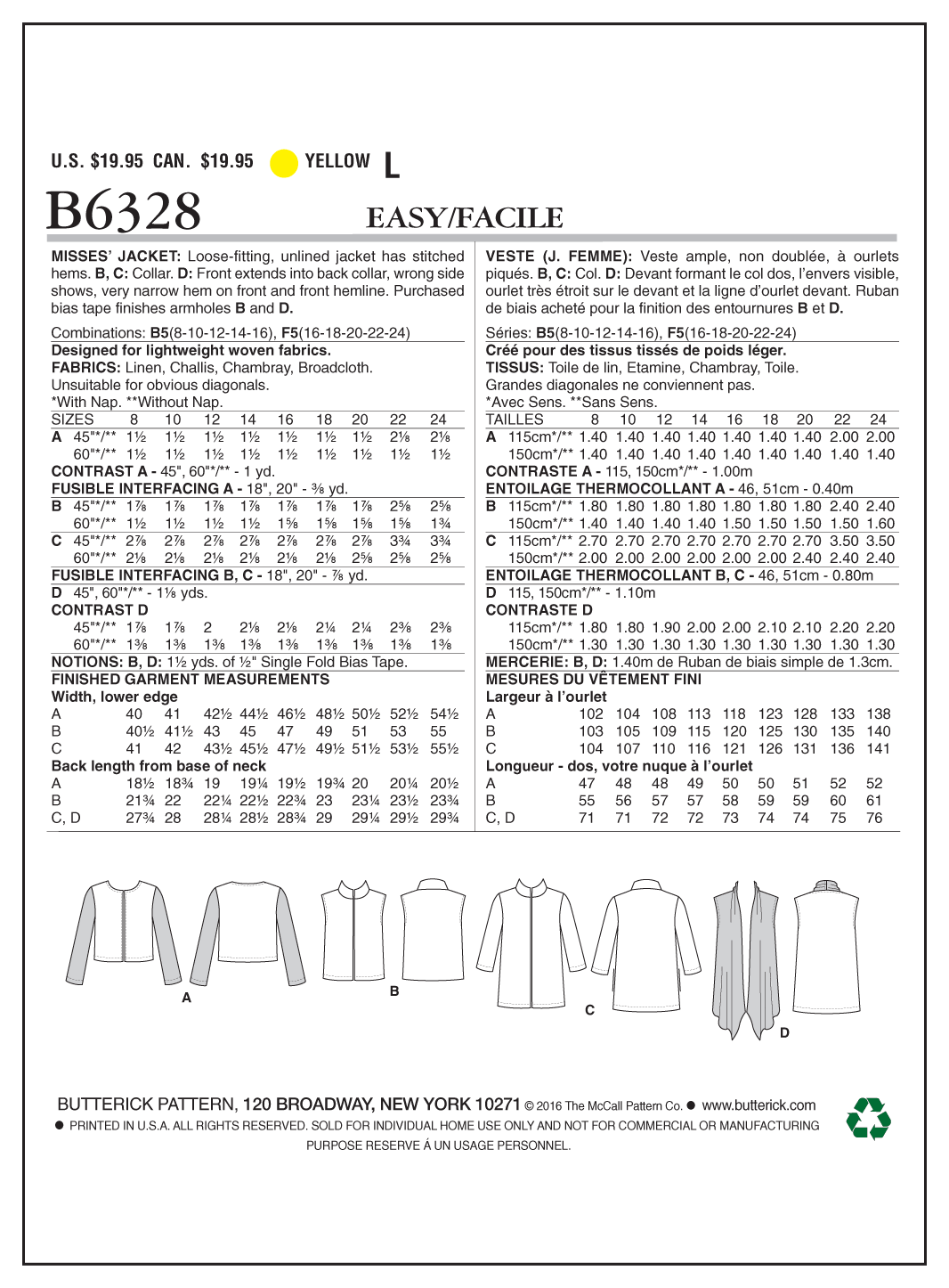 Butterick B6328 sewing pattern envelope showing women's open front jacket and waistcoat designs