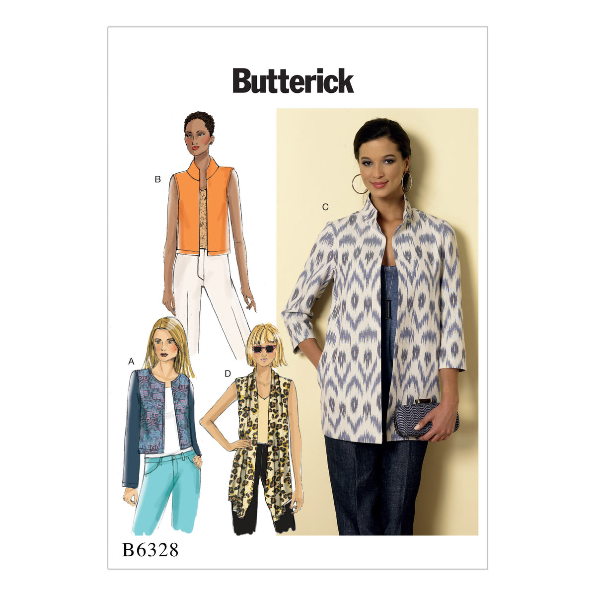 Butterick B6328 sewing pattern envelope showing women's open front jacket and waistcoat designs