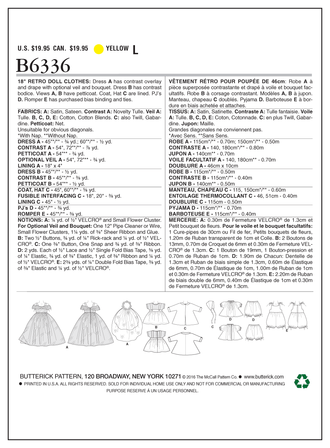 Butterick B6336 sewing pattern envelope showing doll wedding dress designs
