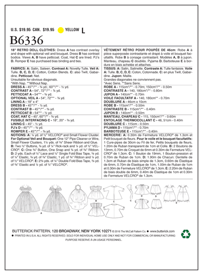 Butterick B6336 sewing pattern envelope showing doll wedding dress designs