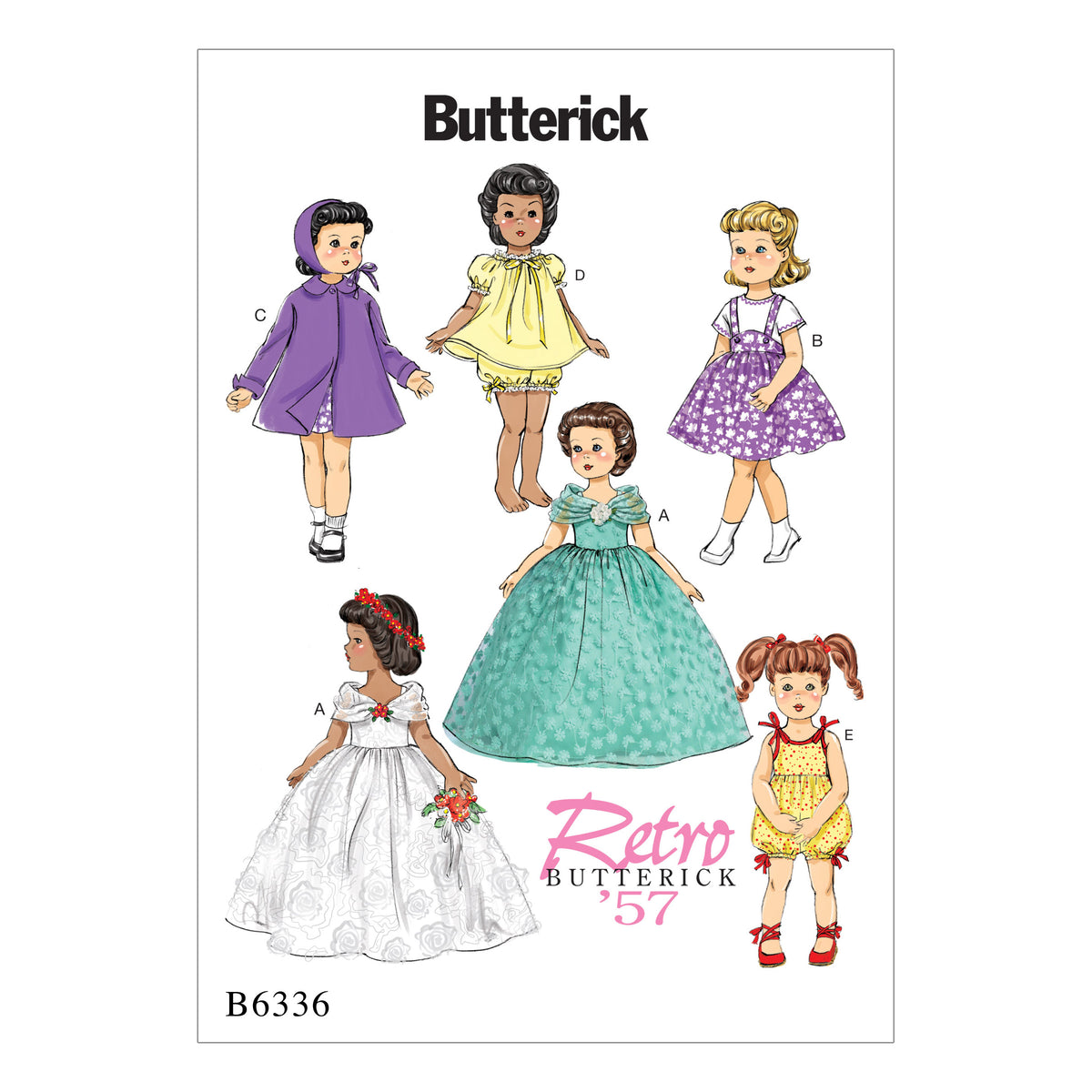 Butterick B6336 sewing pattern envelope showing doll wedding dress designs