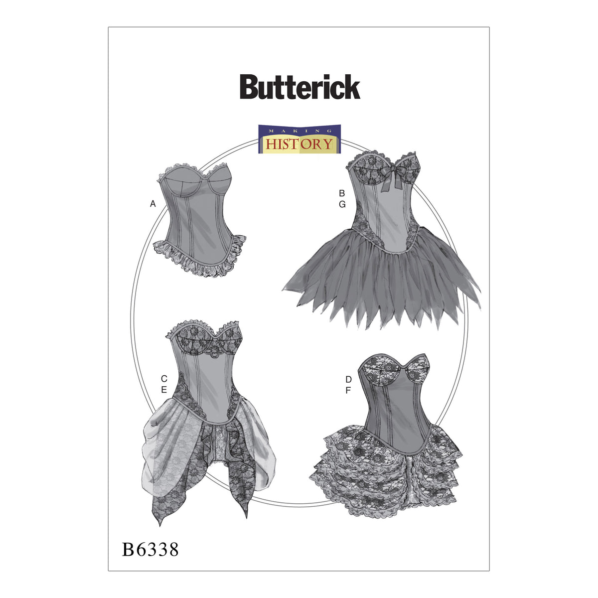 Butterick B6338 sewing pattern envelope showing women's corset designs