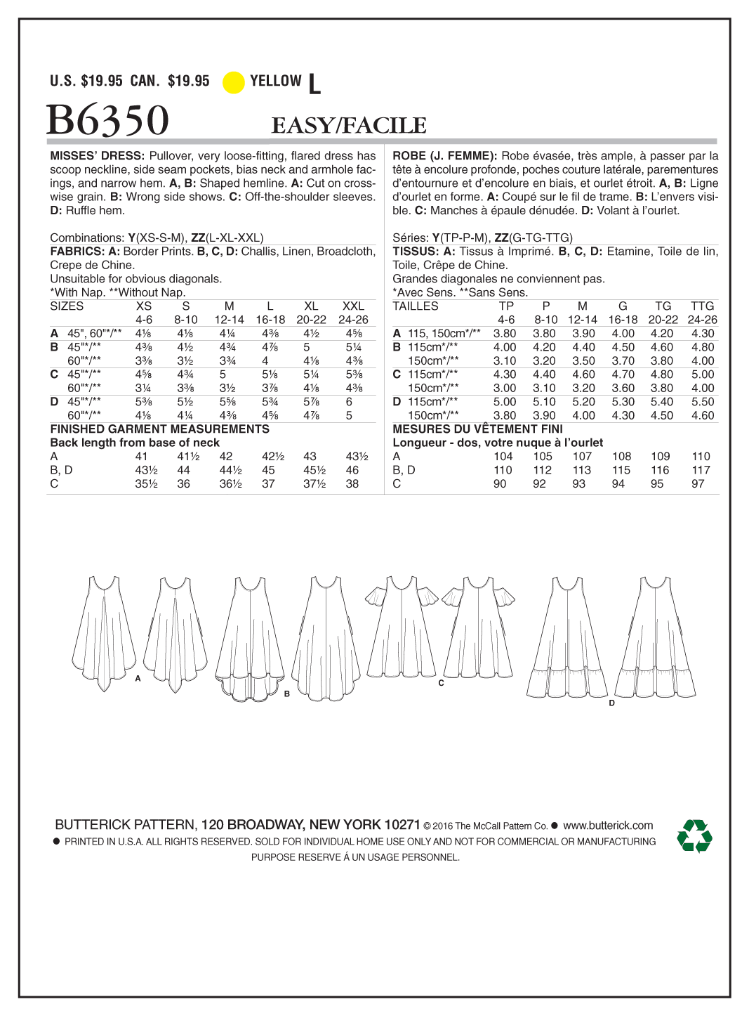 Butterick B6350 sewing pattern envelope showing women's flared dress designs